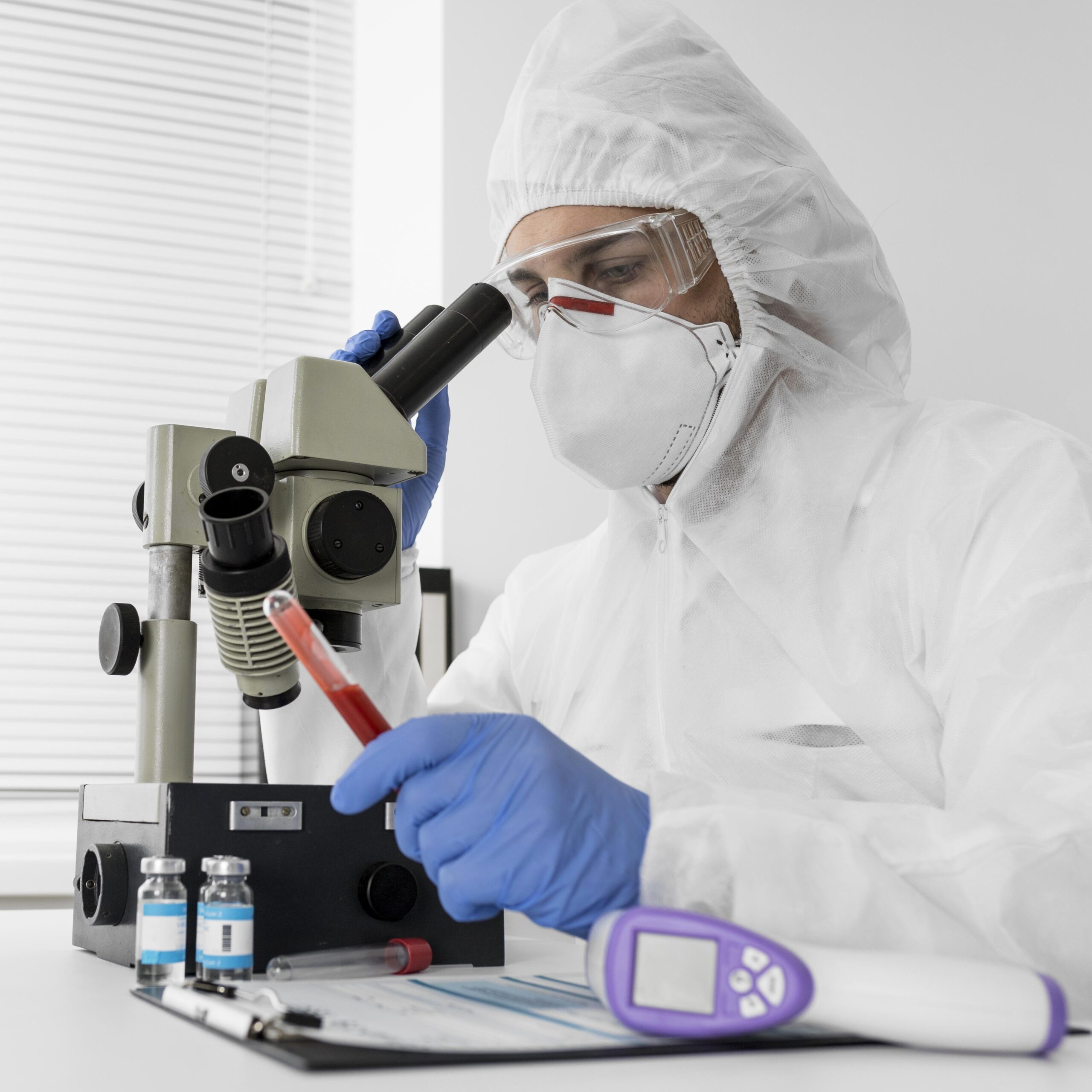 doctor-using-microscope-check-covid-sample